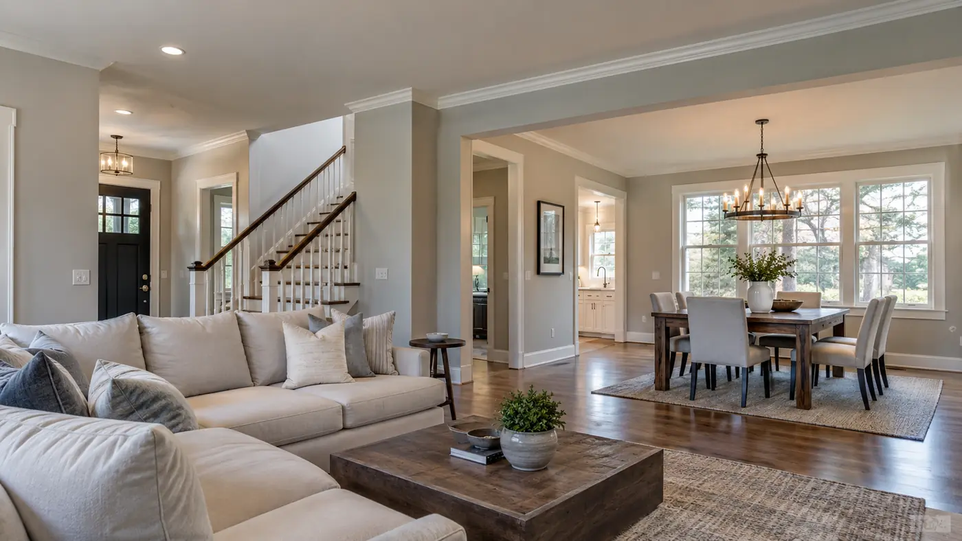 Concept rendering: open living and dining room with fresh neutral paint in Wilmington, DE