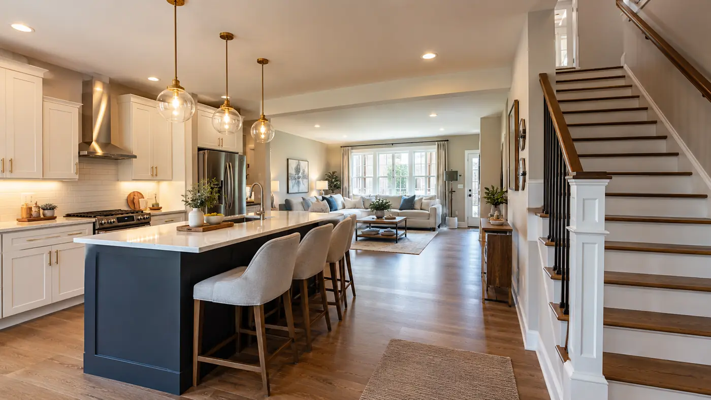 Concept rendering: open-plan kitchen with a navy island and a view to the new staircase in Wilmington, DE
