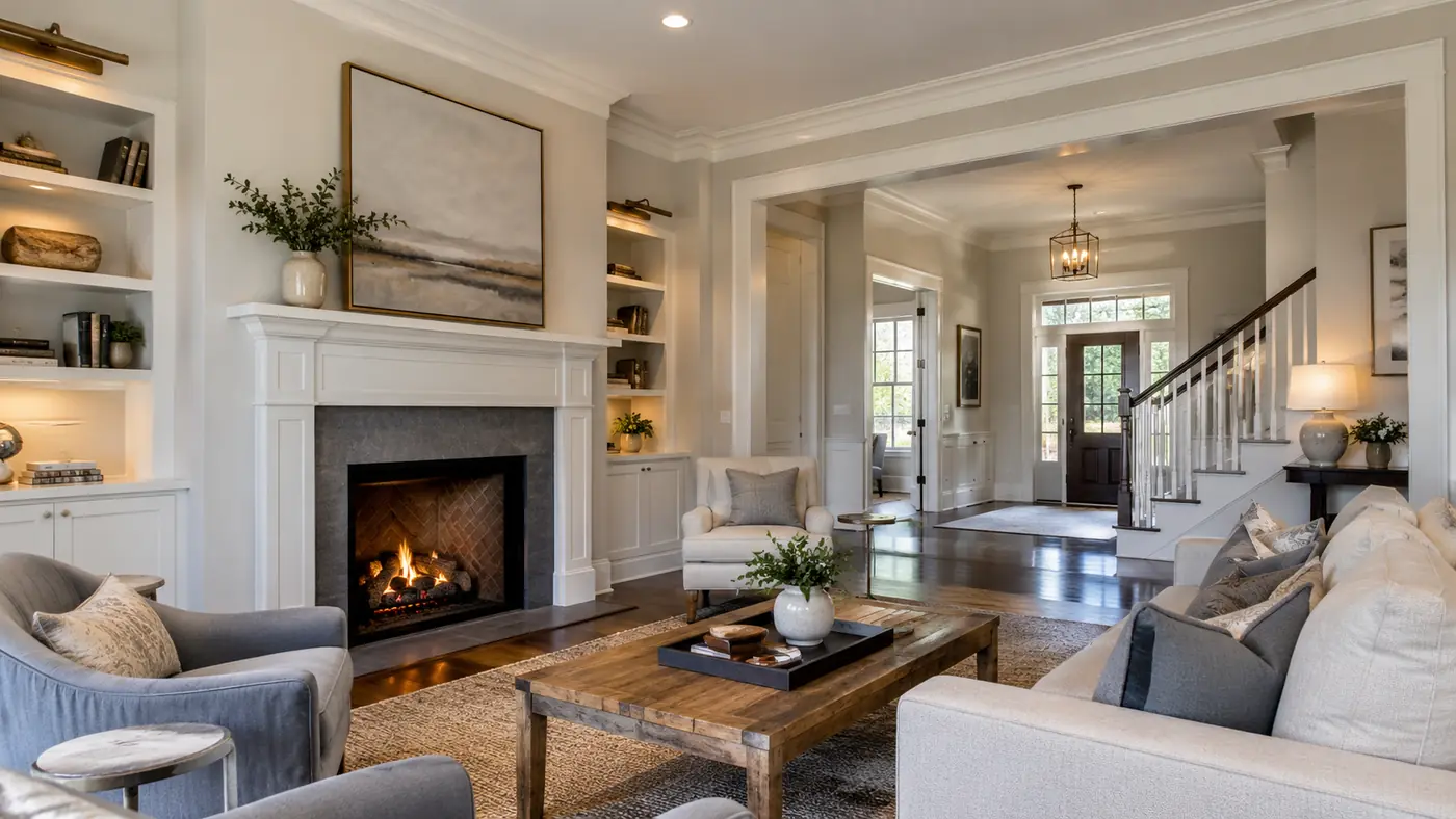 Concept rendering: painted living room with built-in shelves flanking a fireplace in Wilmington, DE