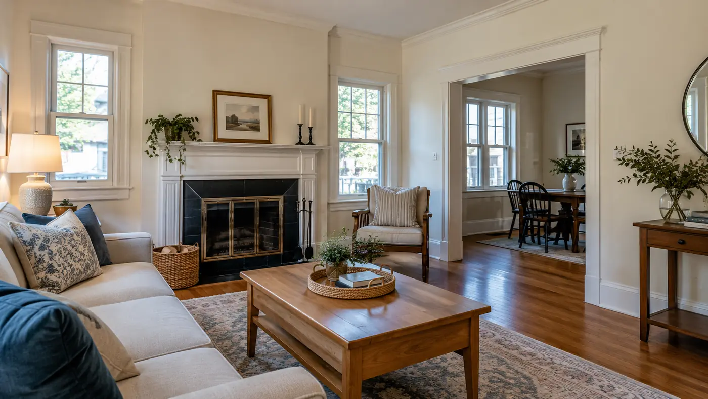 Concept rendering: freshly painted living room with crisp white trim and a fireplace in Wilmington, DE