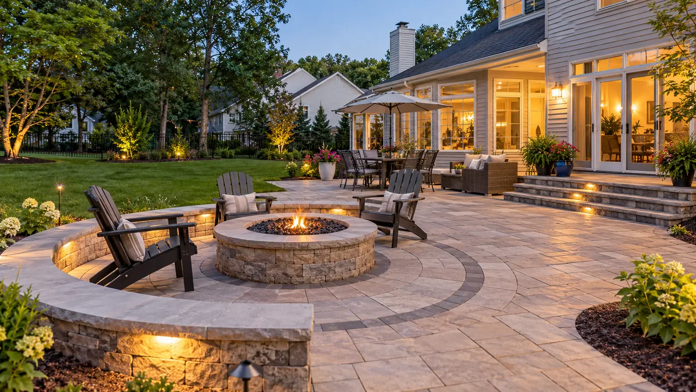 Concept rendering: paver patio with a round fire pit and Adirondack chairs at dusk in Wilmington, DE
