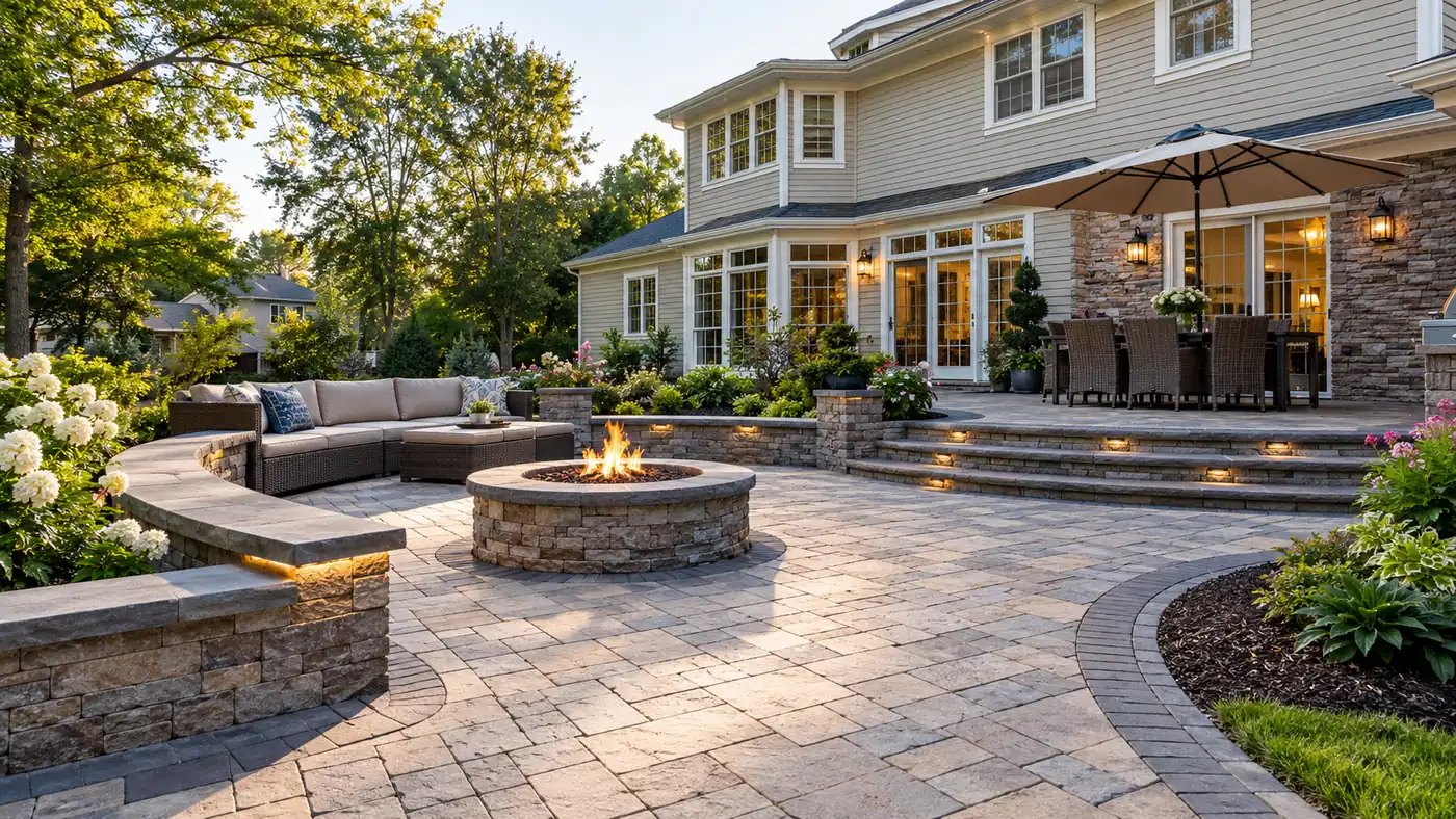 Concept rendering: paver patio with a stone fire pit and curved seat wall at dusk in Wilmington, DE