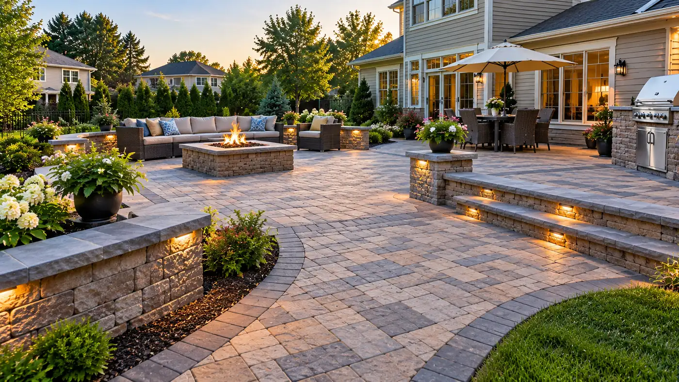 Concept rendering: paver patio with an outdoor grill station and fire pit in Wilmington, DE