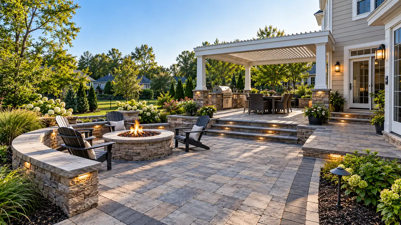 Concept rendering: paver patio with a pergola, fire pit and stone seat wall in Wilmington, DE