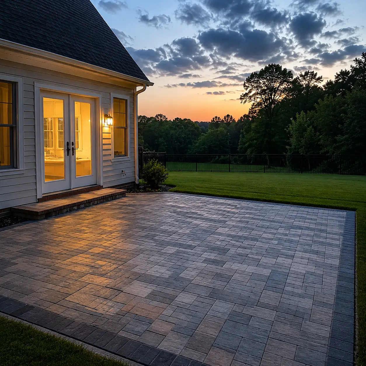Concept rendering: paver patio at sunset beside a home with French doors and a lawn in Wilmington, DE