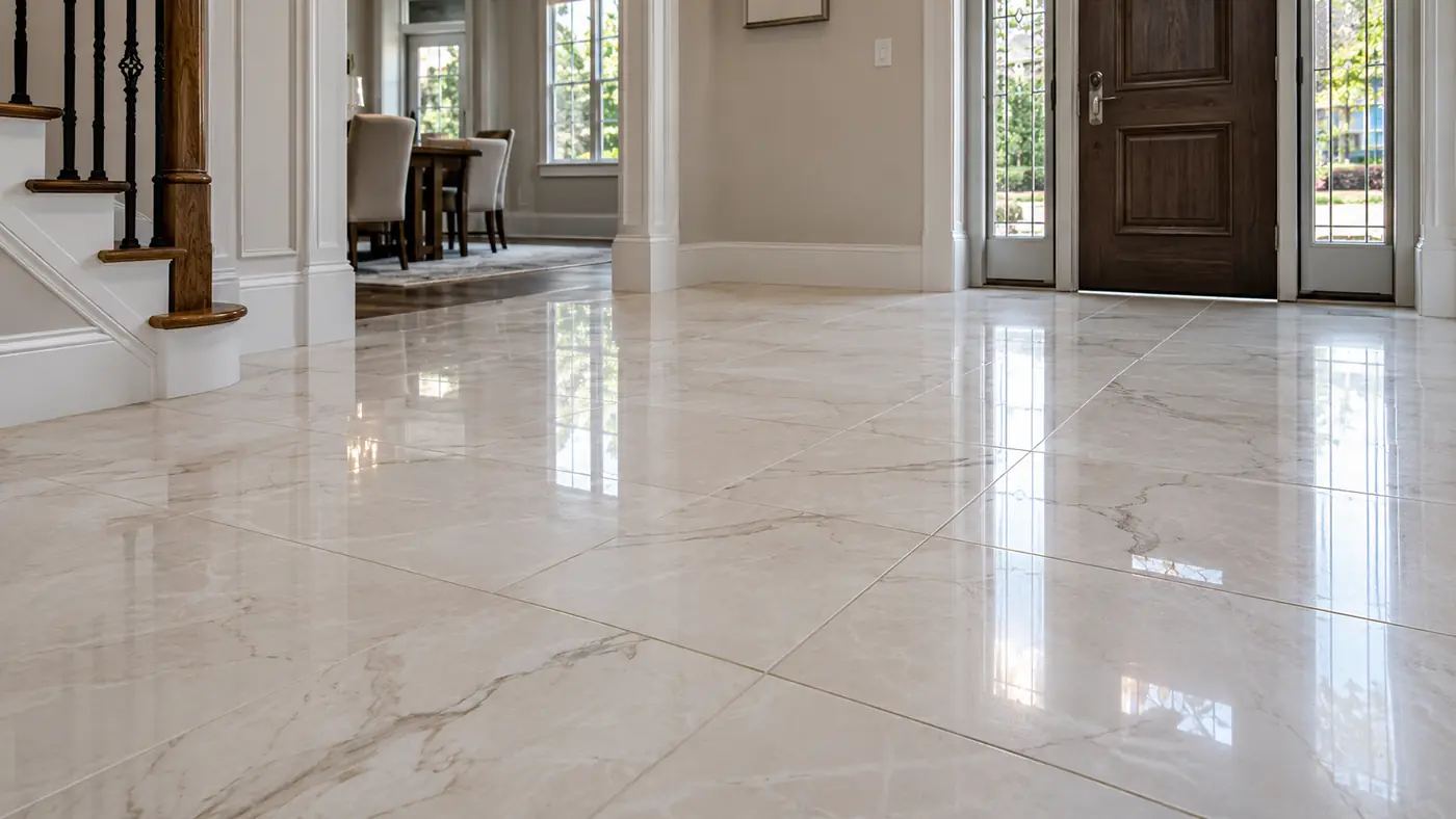 Concept rendering: polished large-format tile floor in an entry foyer with a wood front door in Wilmington, DE