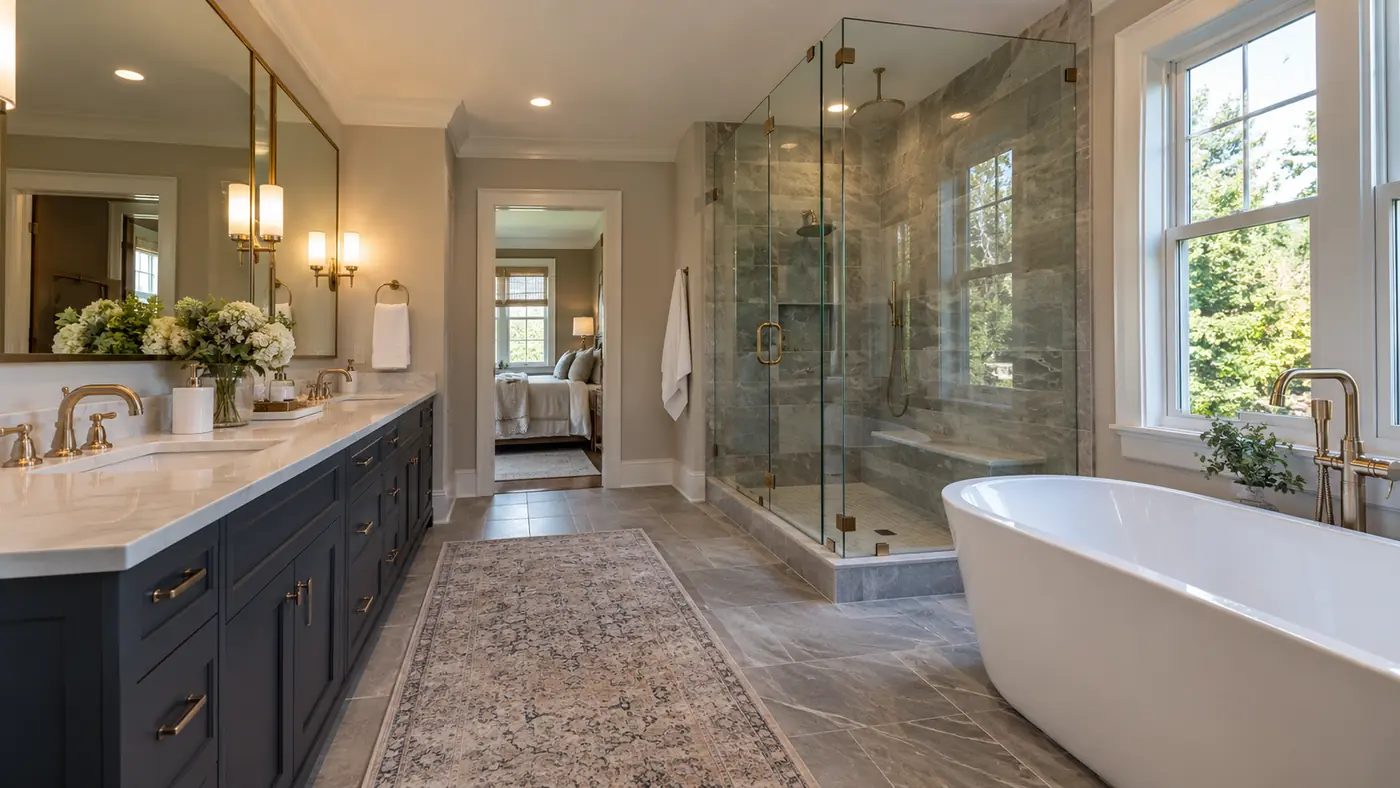 Concept rendering: primary bathroom with a double vanity, freestanding tub and large glass shower in Wilmington, DE