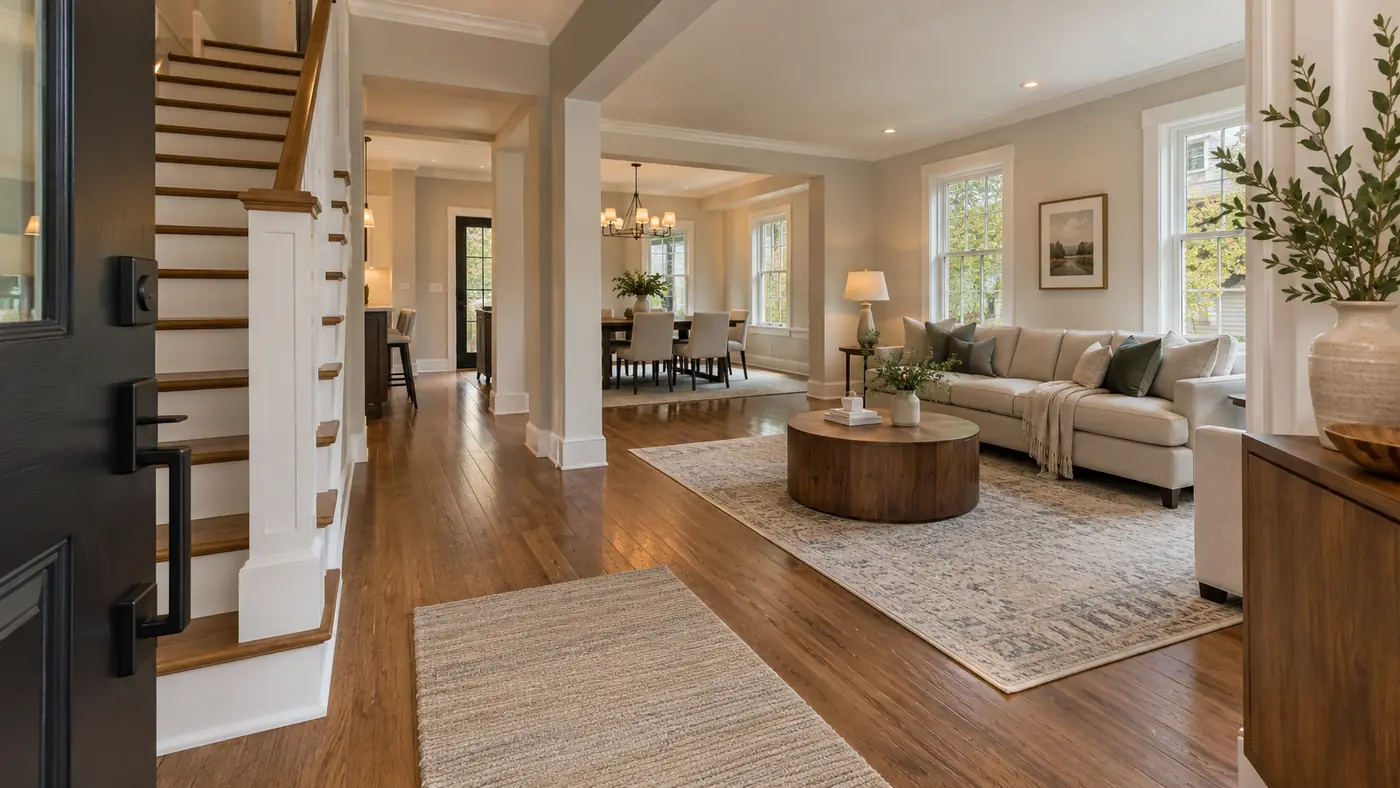 Concept rendering: renovated entry foyer with a black front door opening to the living room in Wilmington, DE