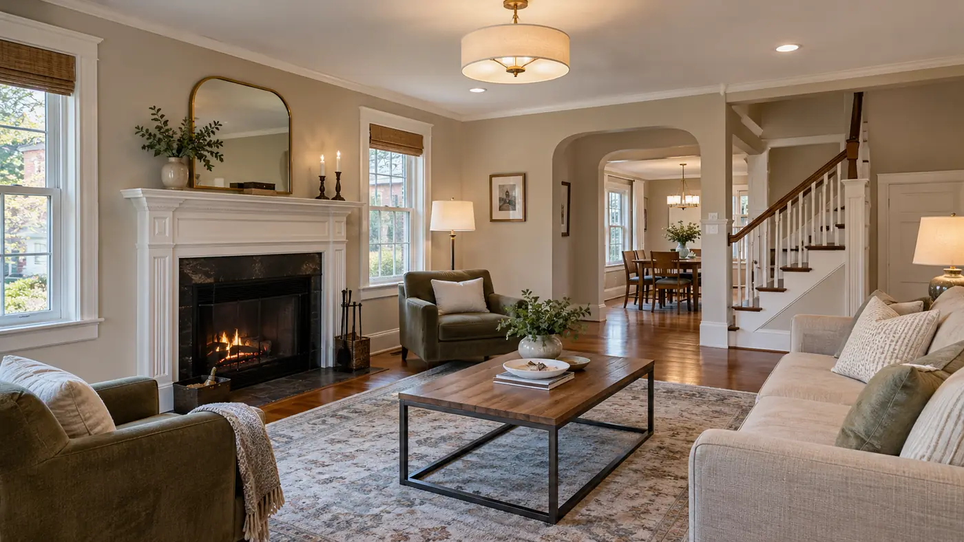 Concept rendering: renovated living room with a fireplace opening to the dining room and staircase in Wilmington, DE
