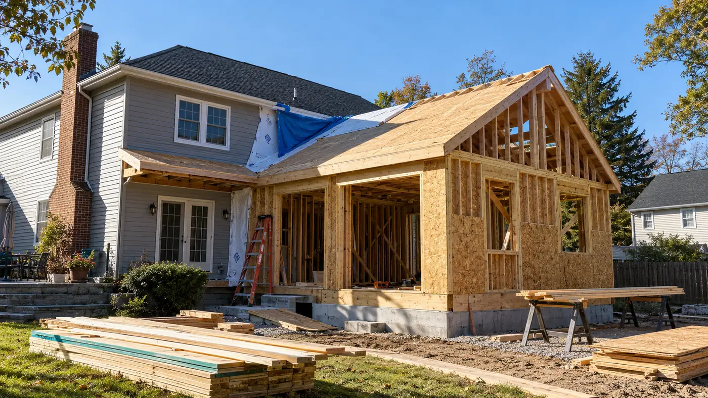 Concept rendering: room addition framed in progress on the rear of a home in Wilmington, DE