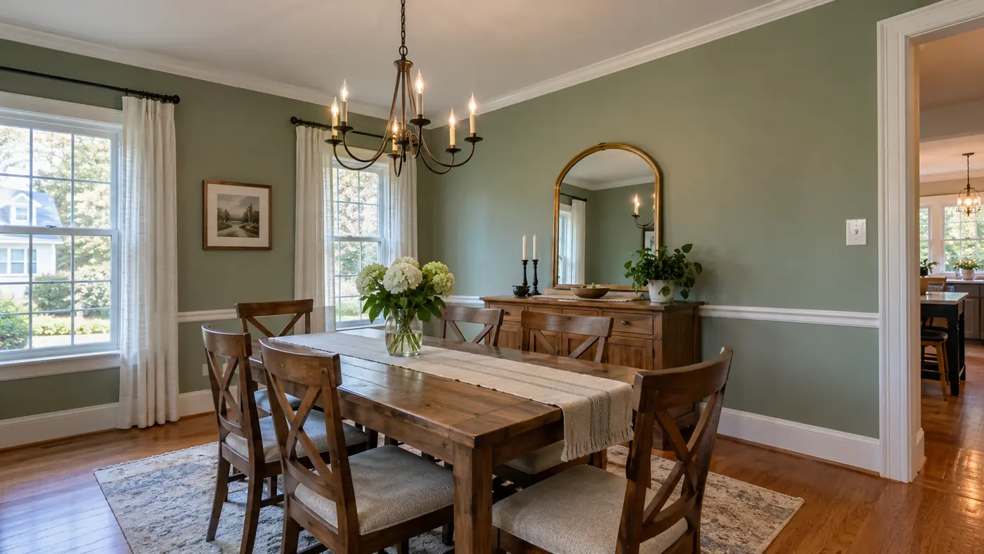Concept rendering: dining room painted sage green above white wainscoting in Wilmington, DE