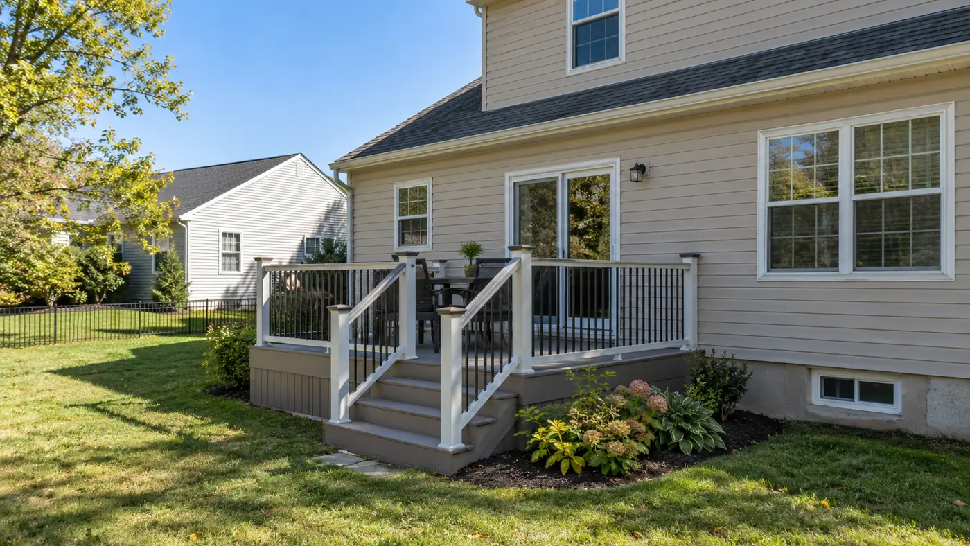 Concept rendering: small composite deck with white railing and steps beside a yellow home in Wilmington, DE