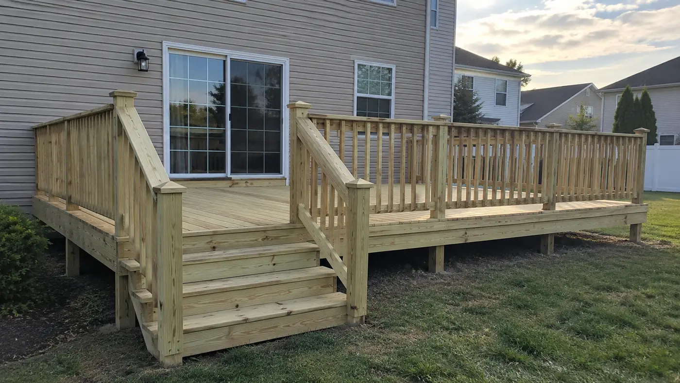 Concept rendering: suburban wood deck with stairs and spindle railing on a two-story home in Wilmington, DE