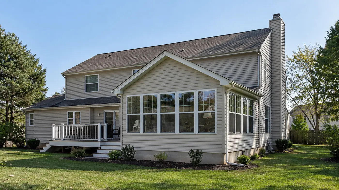 Concept rendering: sunroom addition on the rear of a siding home with a small deck in Wilmington, DE