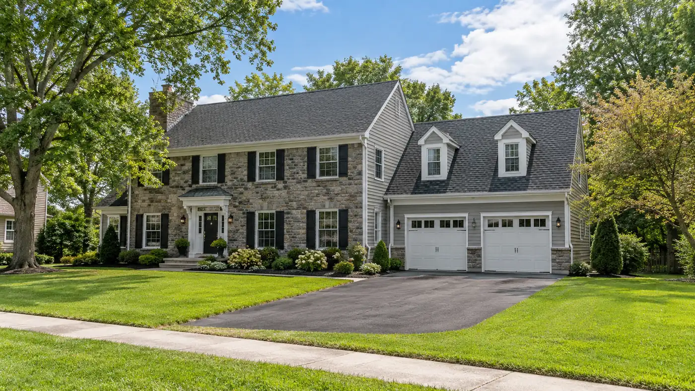 Concept rendering: two-car garage addition on a stone and siding colonial with a long driveway in Wilmington, DE