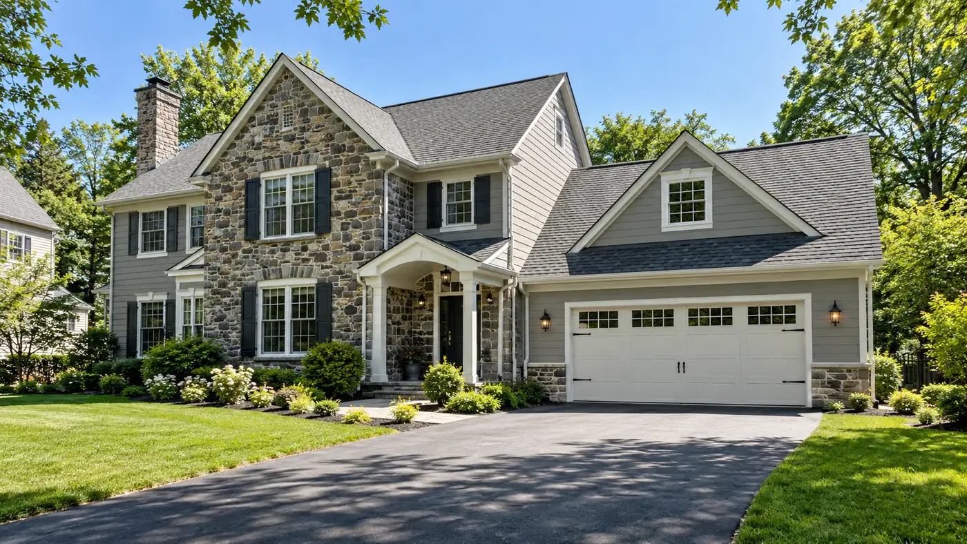 Concept rendering: two-car garage addition on a two-story stone and siding home in Wilmington, DE