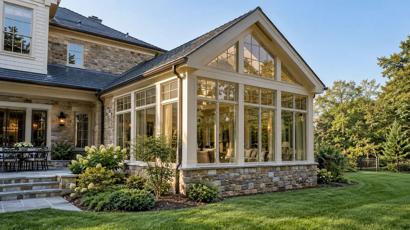 Concept rendering: vaulted sunroom addition with tall windows and a stone base in Wilmington, DE