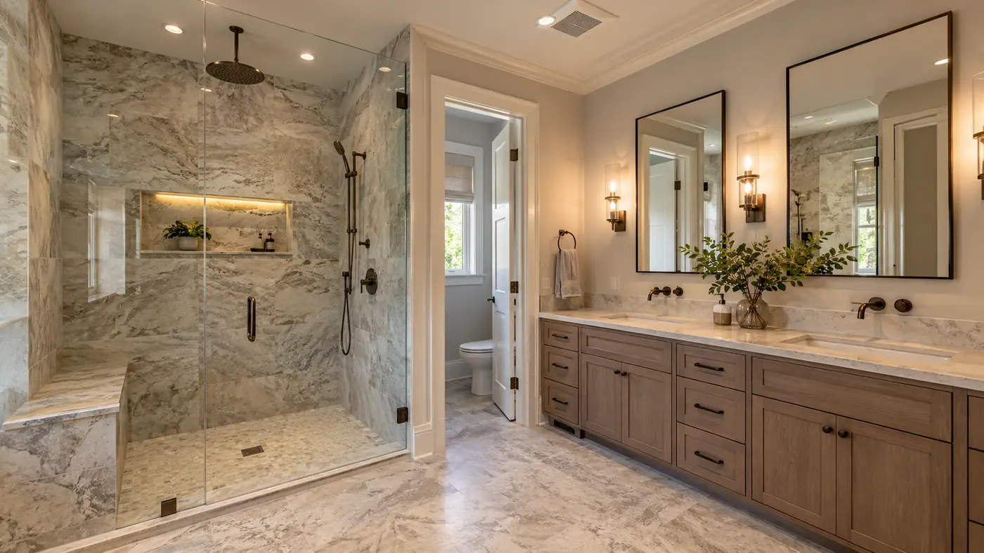 Concept rendering: walk-in marble shower beside an oak double vanity with twin mirrors in Wilmington, DE