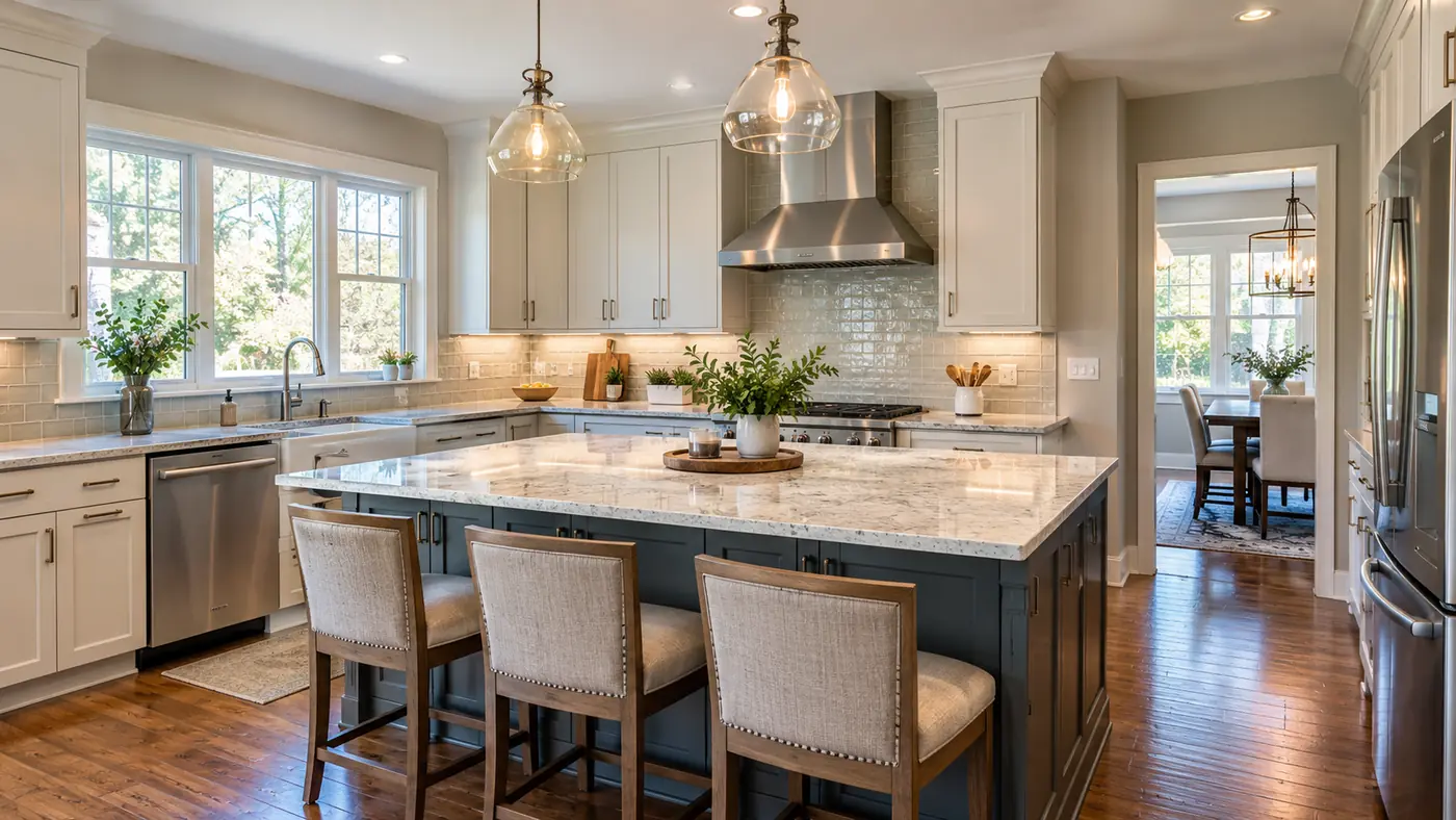 Concept rendering: bright white kitchen with a navy island, pendant lights and a dining nook in Wilmington, DE