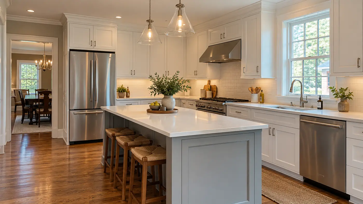 Concept rendering: remodeled white kitchen with a sage green island and pendant lights in Wilmington, DE