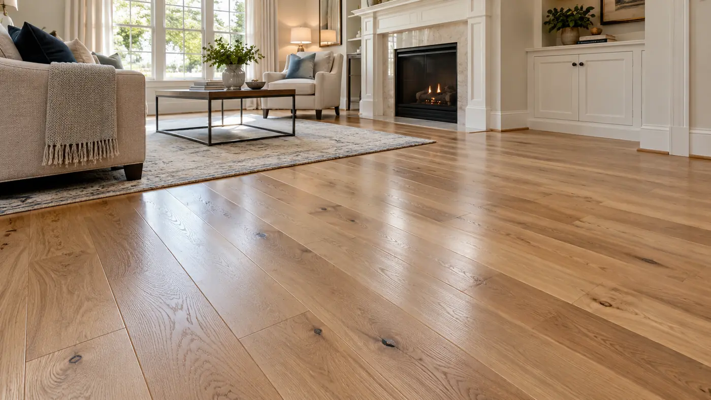 Concept rendering: wide-plank oak hardwood floor in a living room with a fireplace in Wilmington, DE