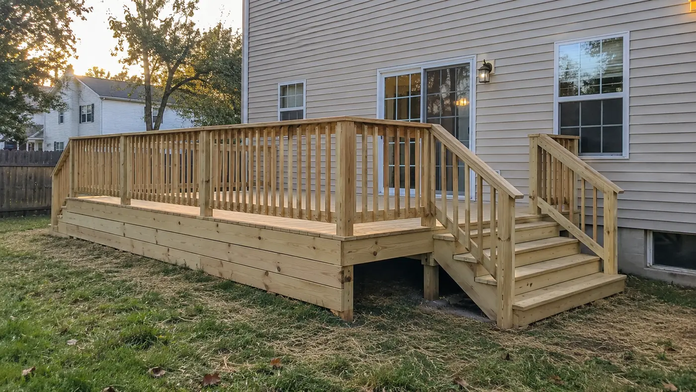 Concept rendering: wood deck in evening light with a long stair run down to the lawn in Wilmington, DE