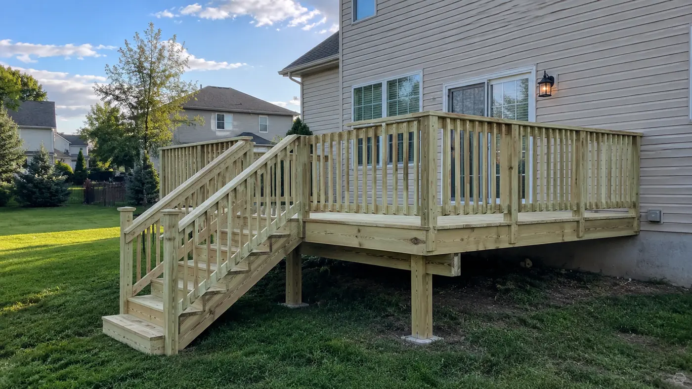 Concept rendering: newly built wood deck with a side staircase and lawn in Wilmington, DE